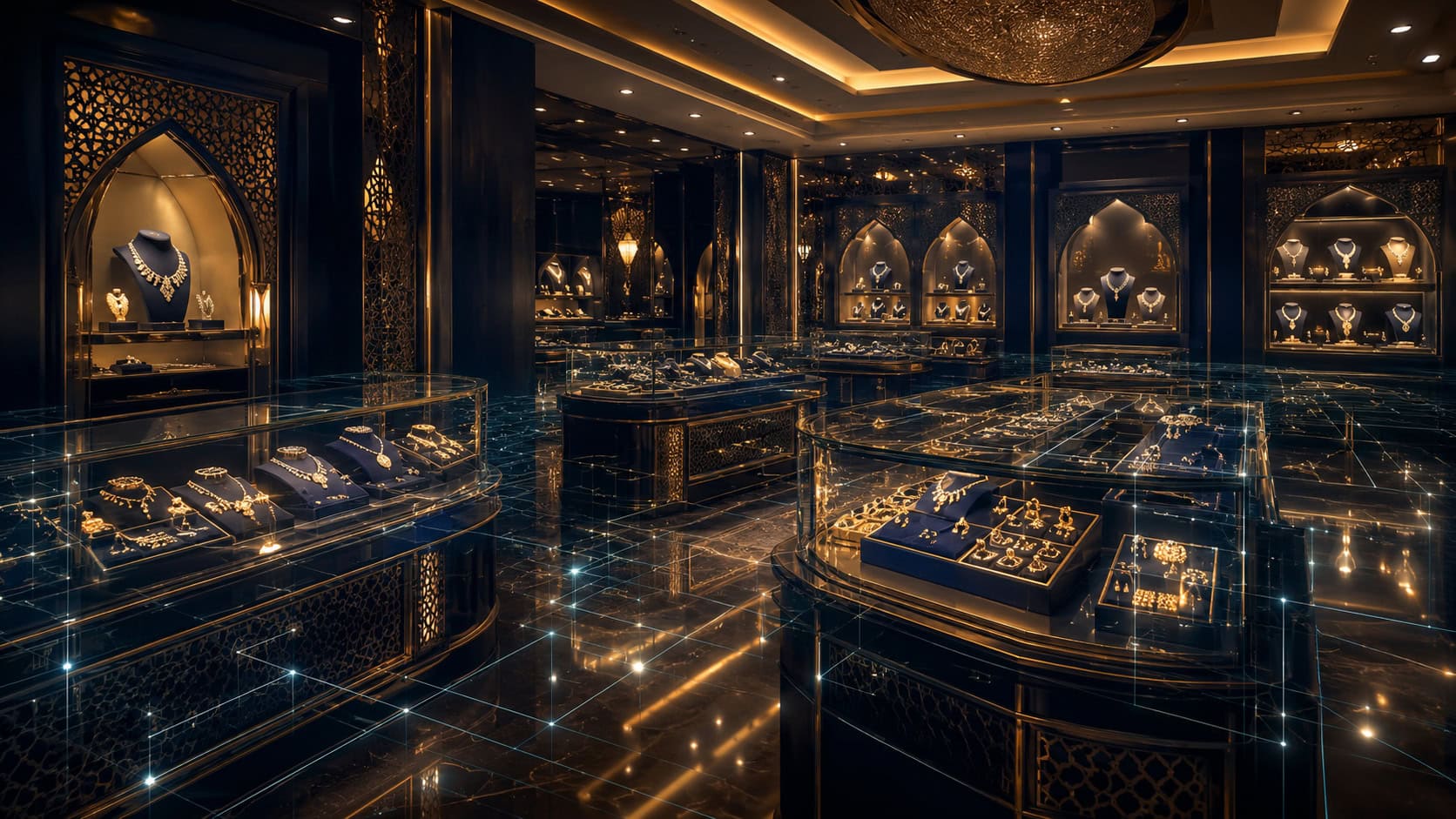 Luxury jewellery showroom with digital inventory tracking overlay, Microsoft Dynamics 365 ERP
