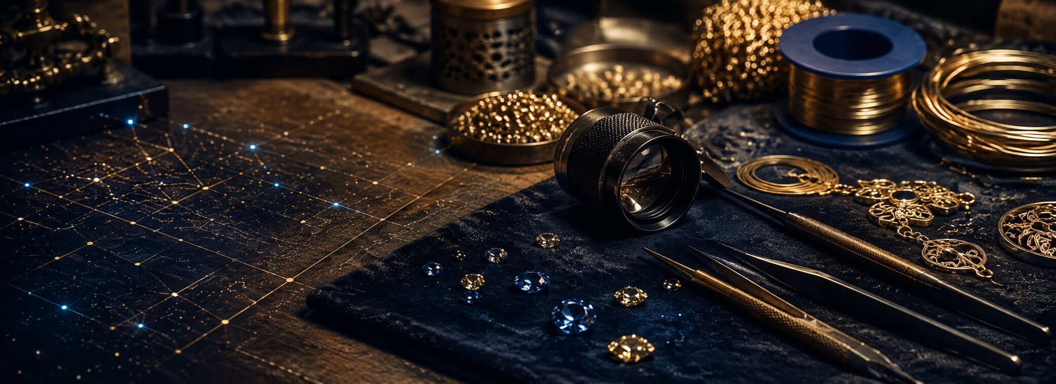 Jeweller's workbench with gold and gemstones, JEM ERP jewellery workshop